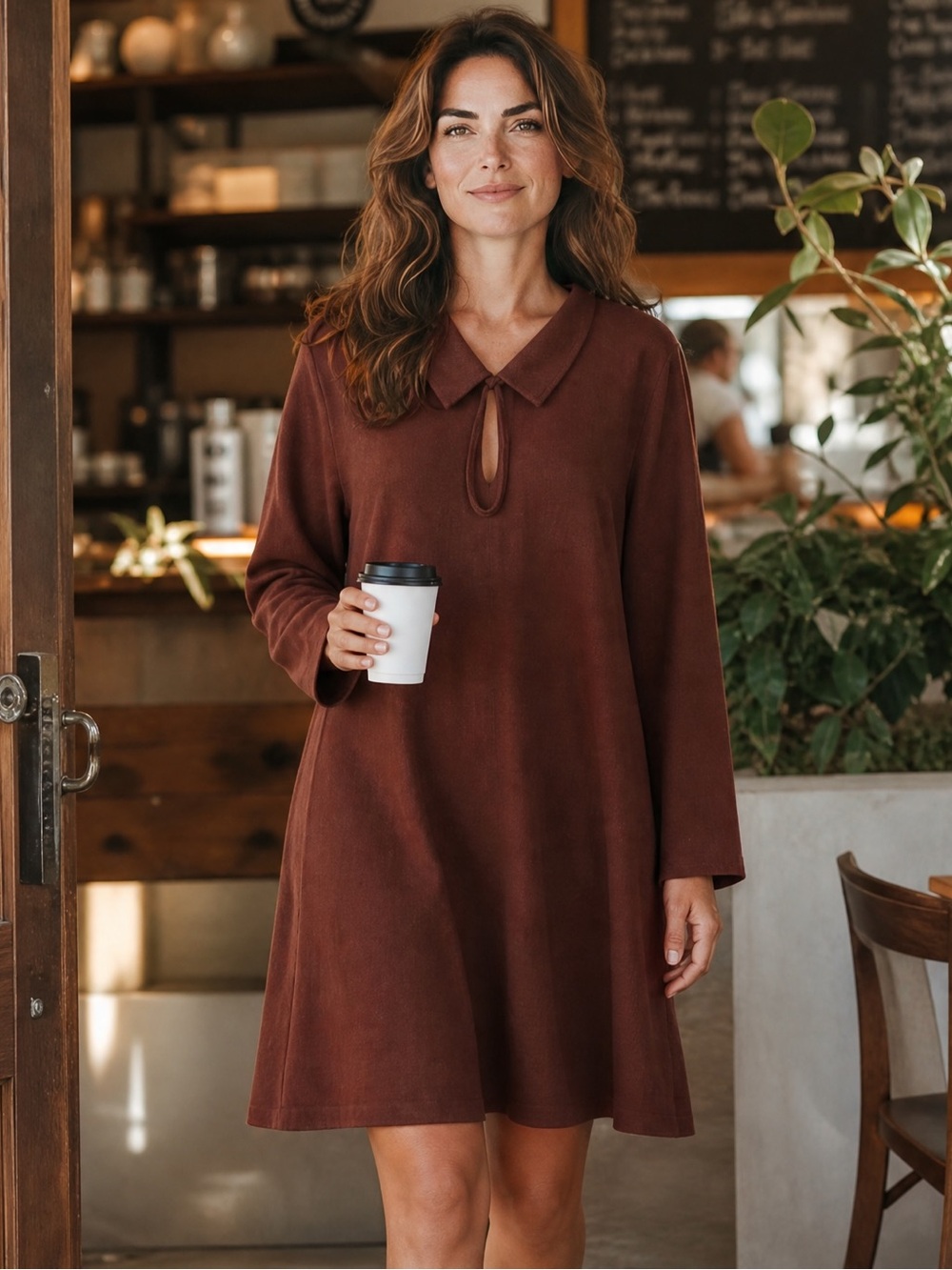 Brown Long Sleeve Dress with Tie Front and Peter Pan Collar